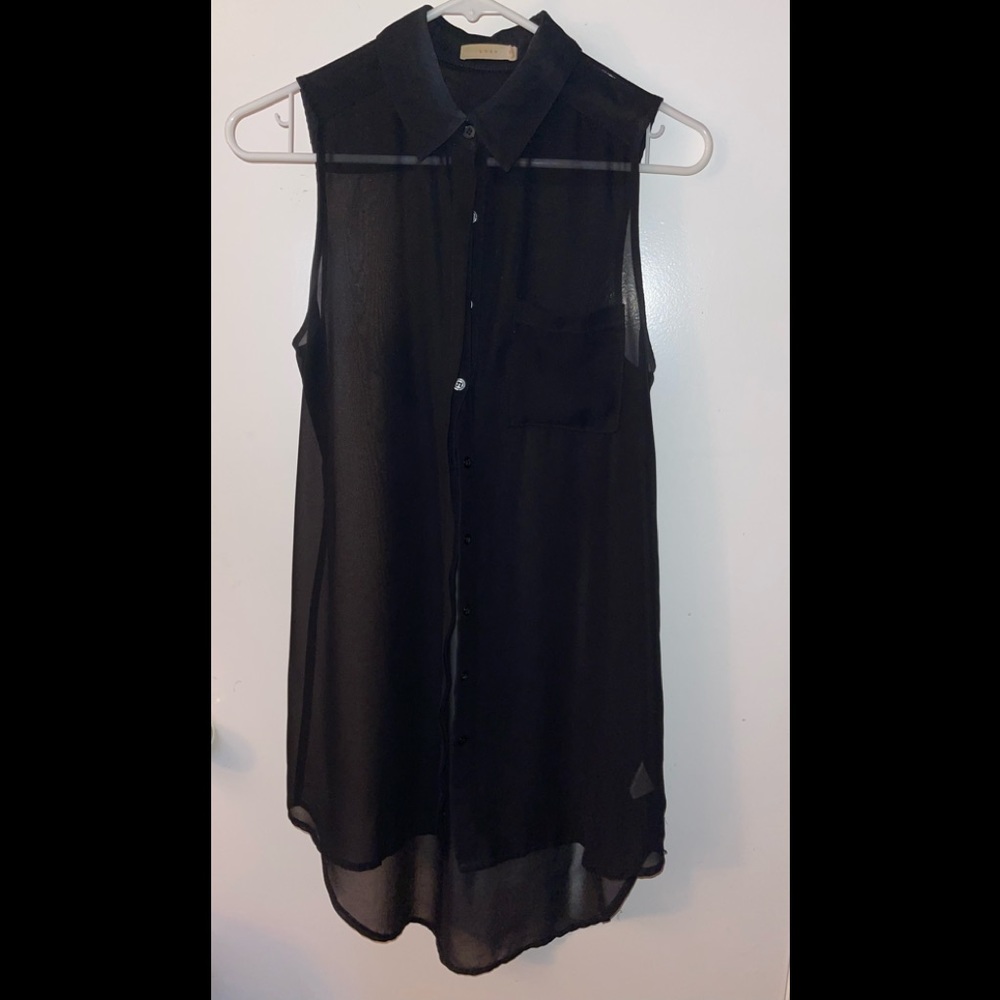 Black Sleeveless Button Down Sheer Shirt